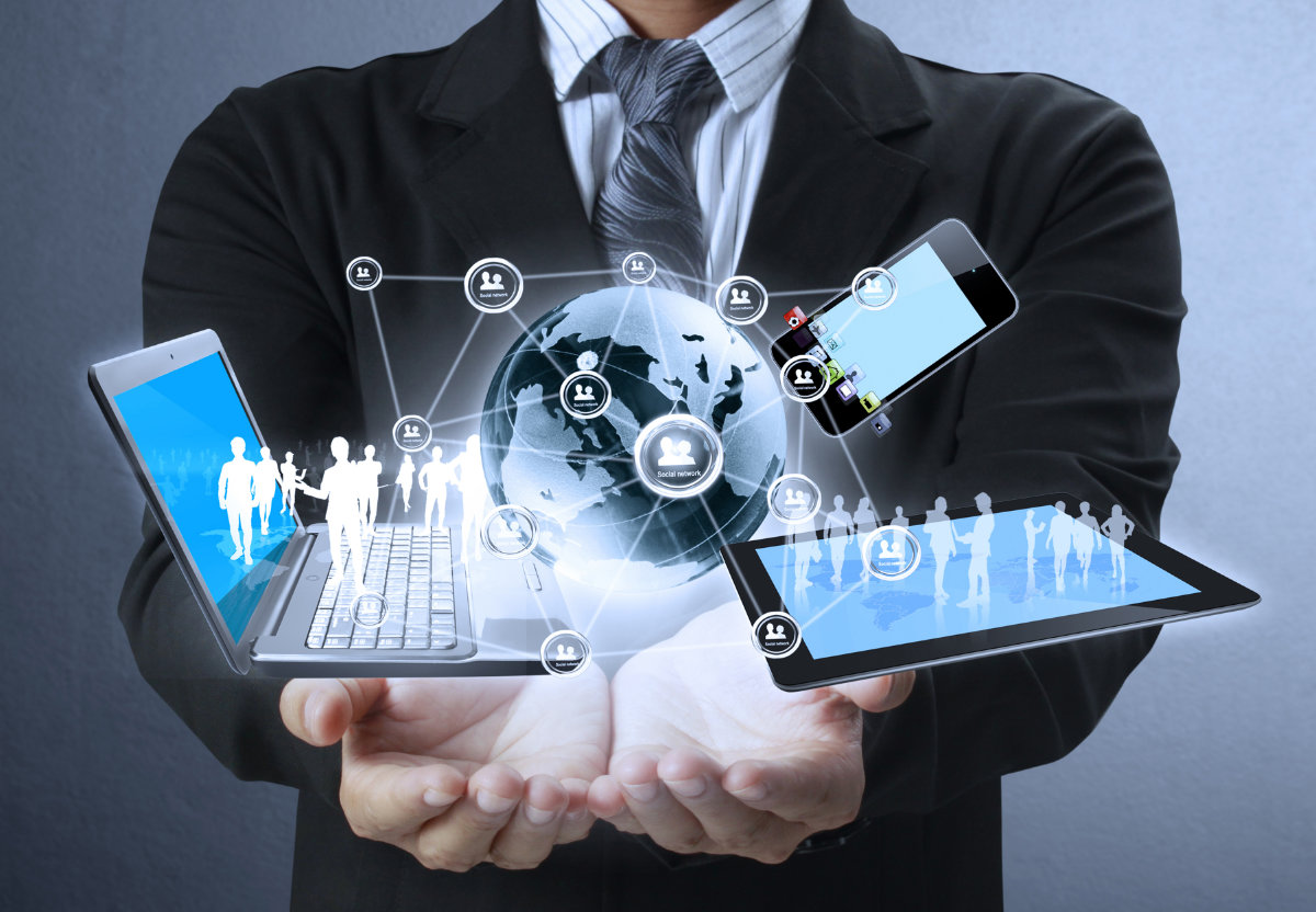Businessman holds modern technology in hands